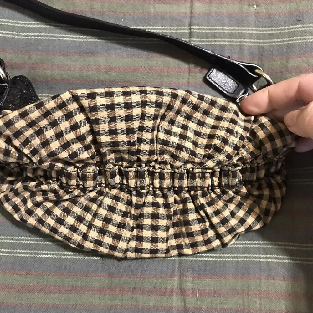 Longaberger Mini Top Handle Purse, Brown & Beige Plaid‎ With Glitter - 8” Wide - Picture 2 of 7